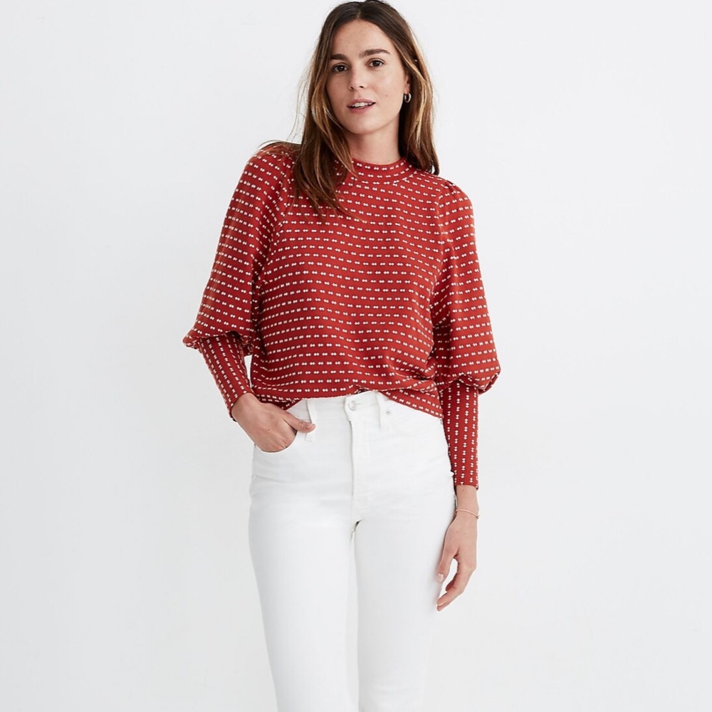 Puff-Sleeve Mockneck Top in Bow-Tie Jacquard